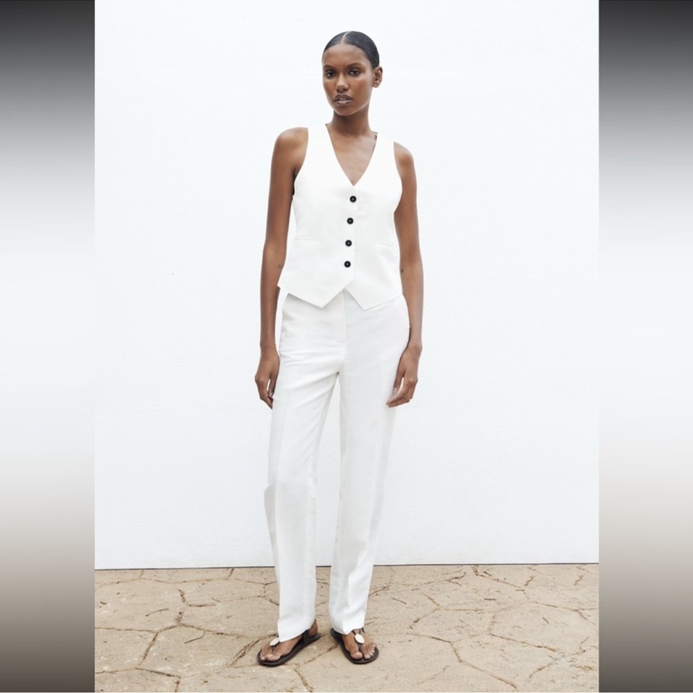 ZARA TAILORED LINEN BLEND STRAIGHT TROUSERS